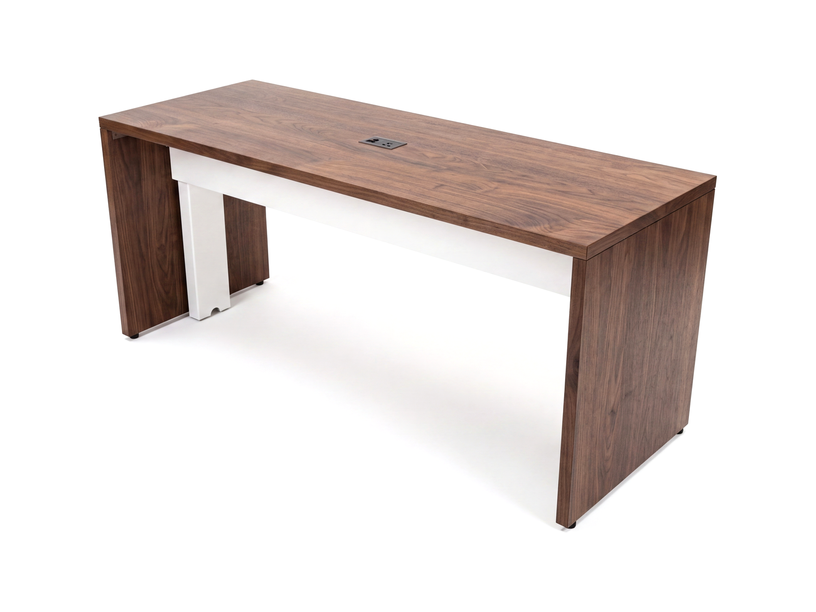 Modern parsons table in walnut with white center support beam and power hatch
