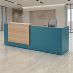 Overture modern reception desk with a teal front panel and light oak transaction ledge