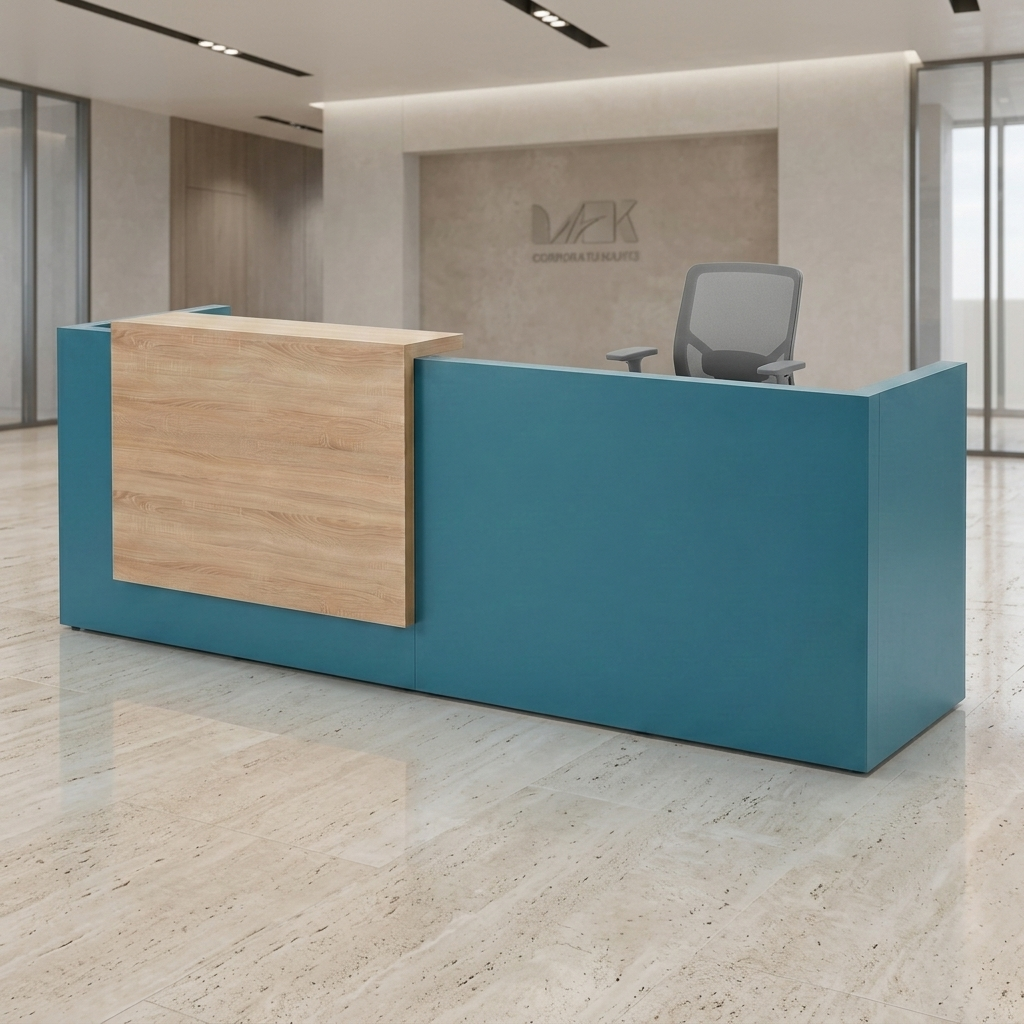 Overture modern reception desk with a teal front panel and light oak transaction ledge