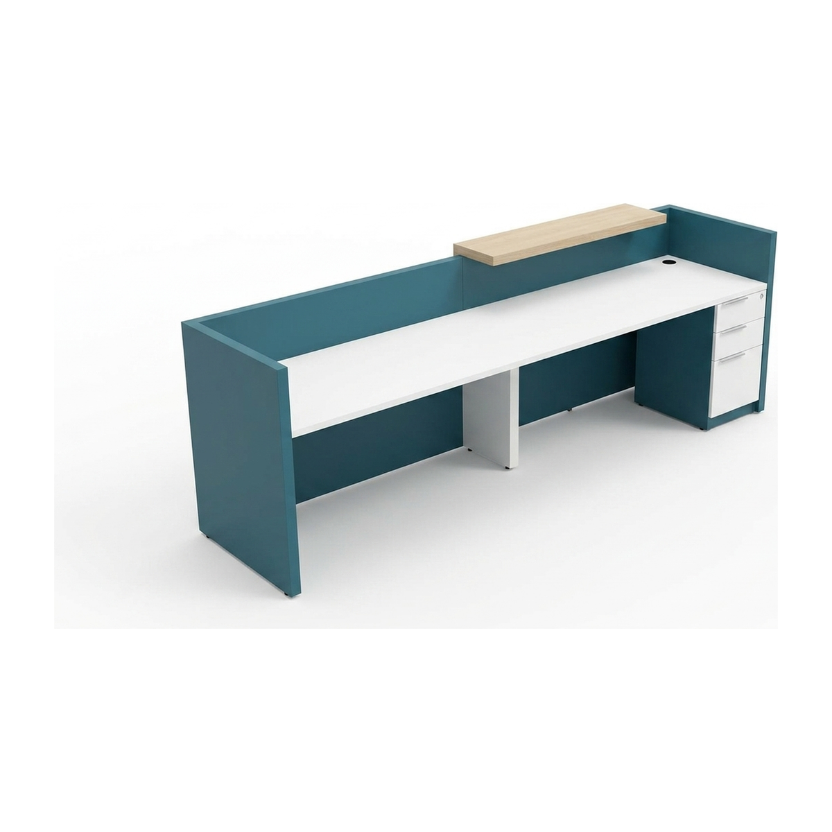 Modern reception desk in teal and white, front angle showing the oak counter ledge