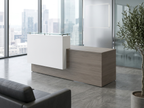 Modern reception desk with counter in a city-view corporate lobby with lounge seating
