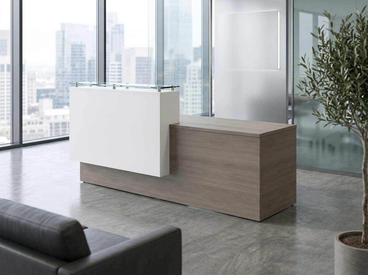 Modern reception desk with counter in a city-view corporate lobby with lounge seating