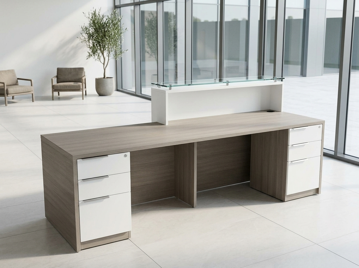 Modern reception desk with counter and two locking white pedestals in a daylit lobby