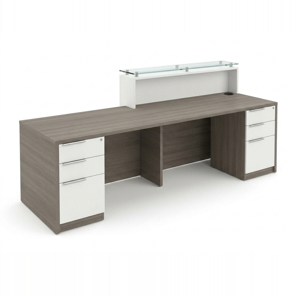 Modern reception desk with counter on white, operator angle showing pedestals and glass ledge