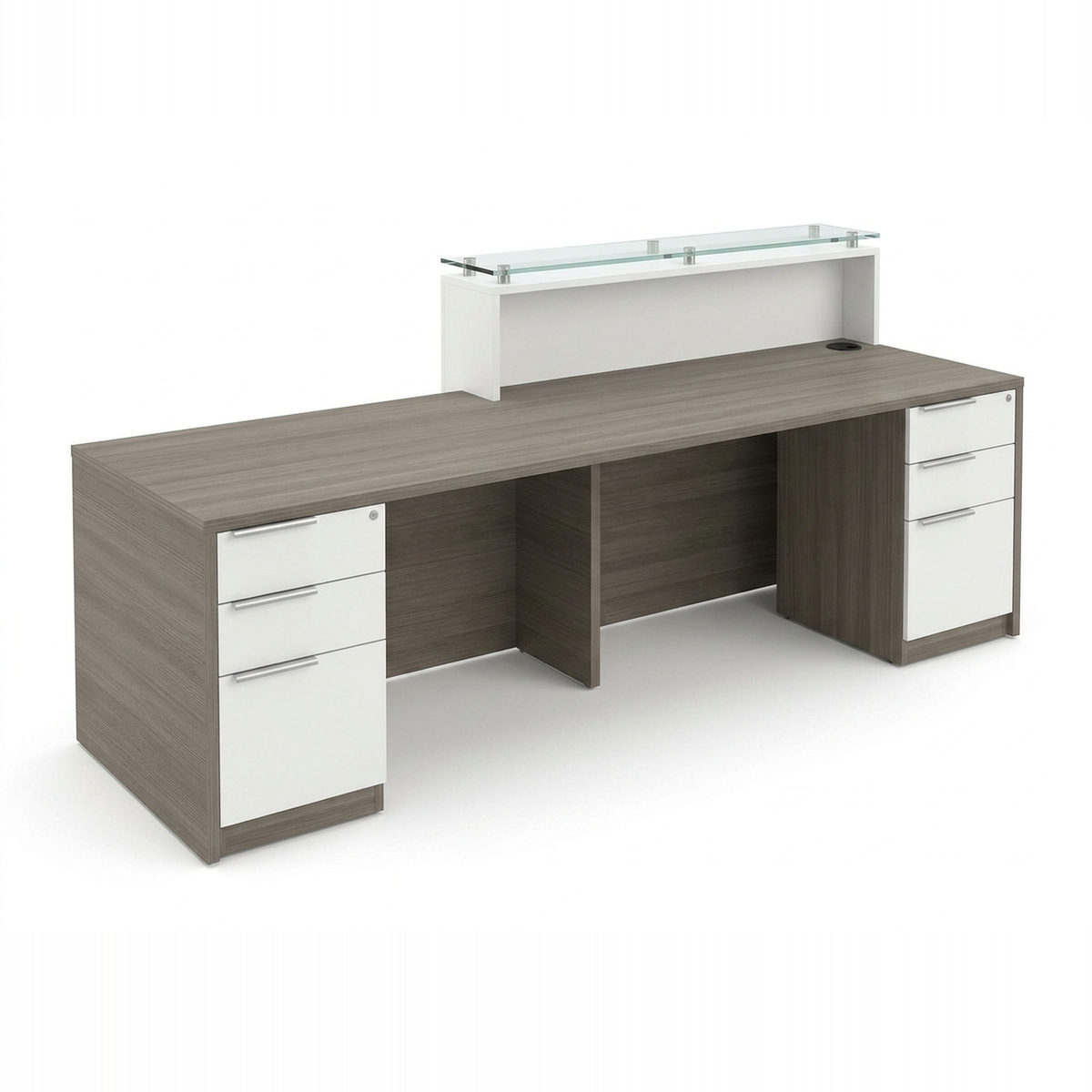 Modern reception desk with counter on white, operator angle showing pedestals and glass ledge