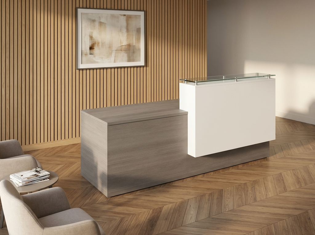 Modern reception desk with counter against a wood-slat wall on a herringbone floor