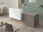 Modern reception desk with counter in gray woodgrain, white greeter panel facing the waiting area