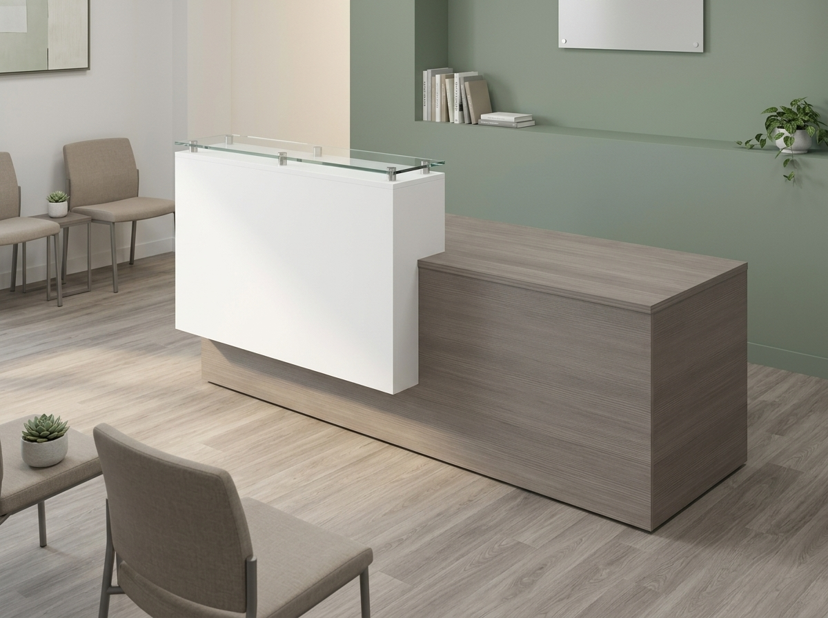 Modern reception desk with counter in gray woodgrain, white greeter panel facing the waiting area