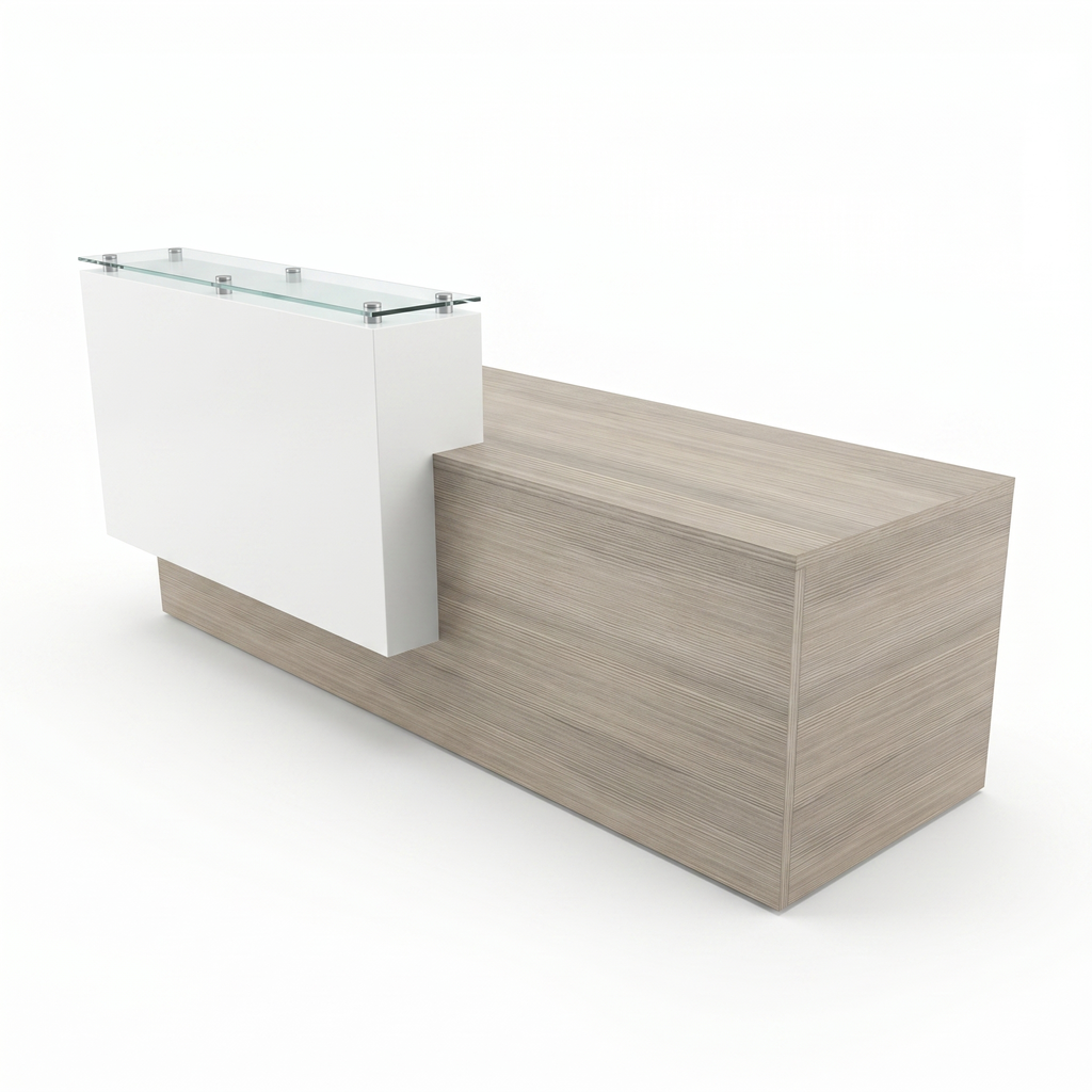 Modern reception desk with counter in driftwood gray, glass topped white greeter station