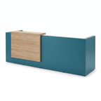 Modern reception desk in teal with a floating light oak accent panel
