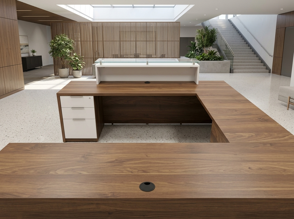 Overture modern U-shaped reception desk in walnut beneath a skylit corporate atrium