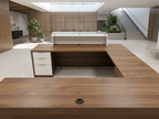 Overture modern U-shaped reception desk in walnut beneath a skylit corporate atrium