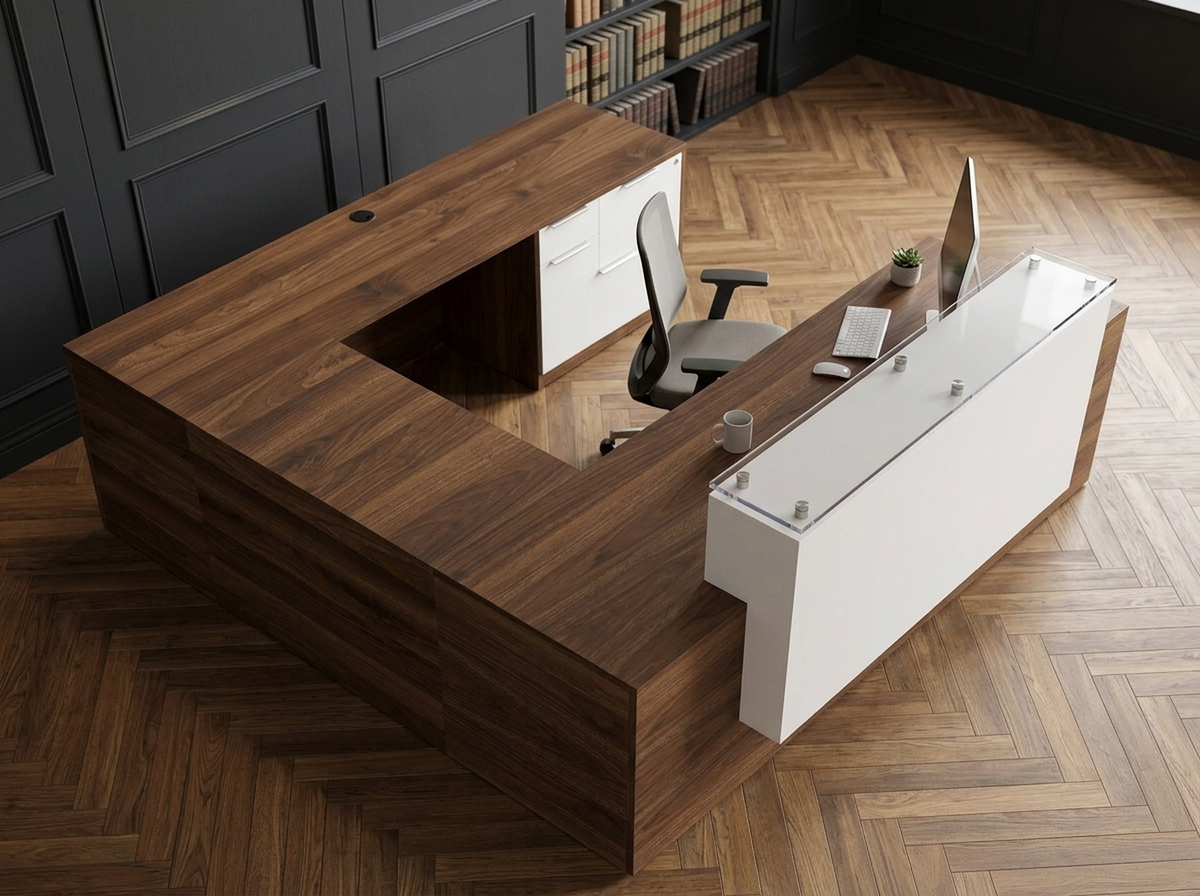 Aerial view of the walnut U-shaped reception desk on a herringbone law firm floor