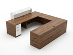 Modern U-shaped reception desk in walnut with white pedestal and glass ledge, angled view
