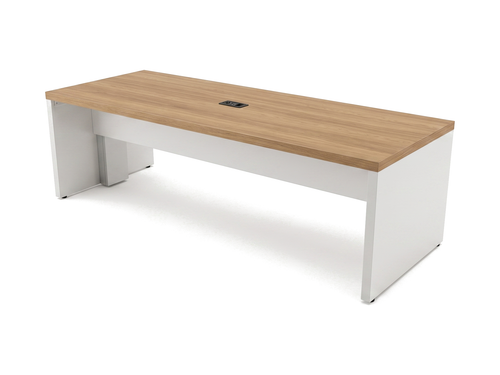 Office parsons table with honey teak top, white panel base and center power hatch