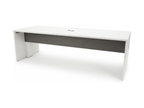 White office work table with graphite modesty panel and tabletop power hatch