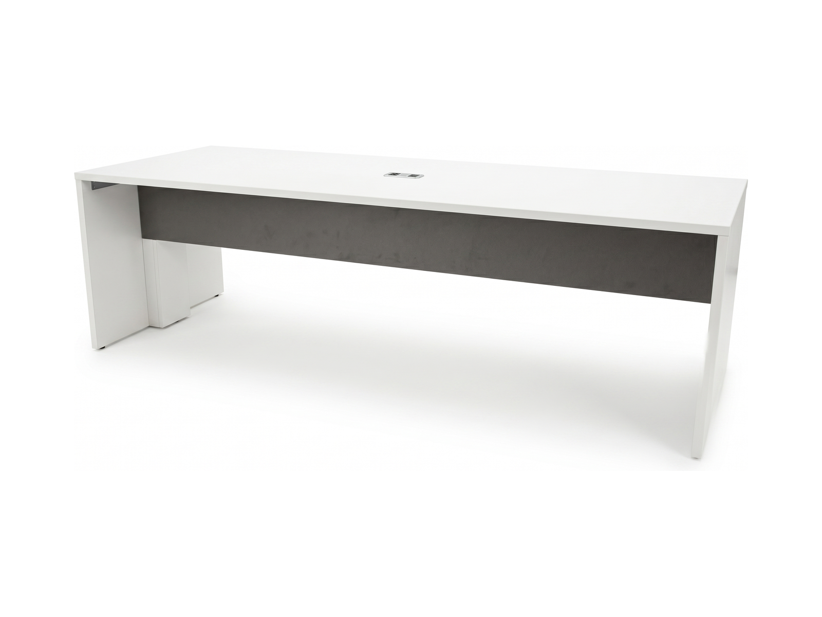 White office work table with graphite modesty panel and tabletop power hatch