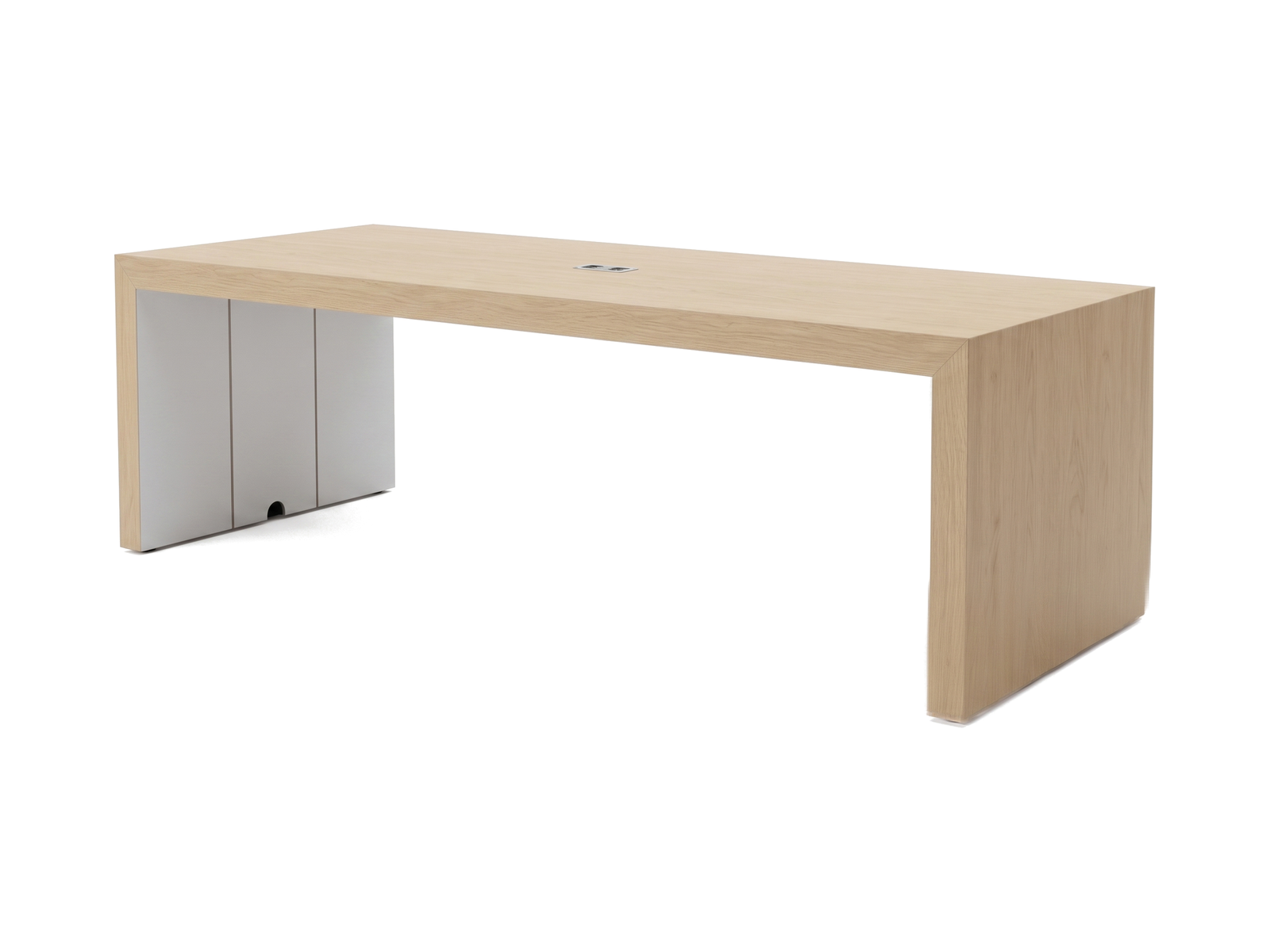 Parsons conference table in pale oak with brushed steel end panel inserts