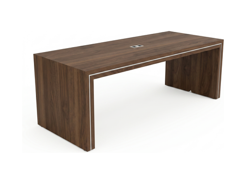 Parsons table in dark walnut with silver edge inlay and center power hatch