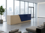 Overture reception desk with lockable drawers in light woodgrain and a navy transaction panel