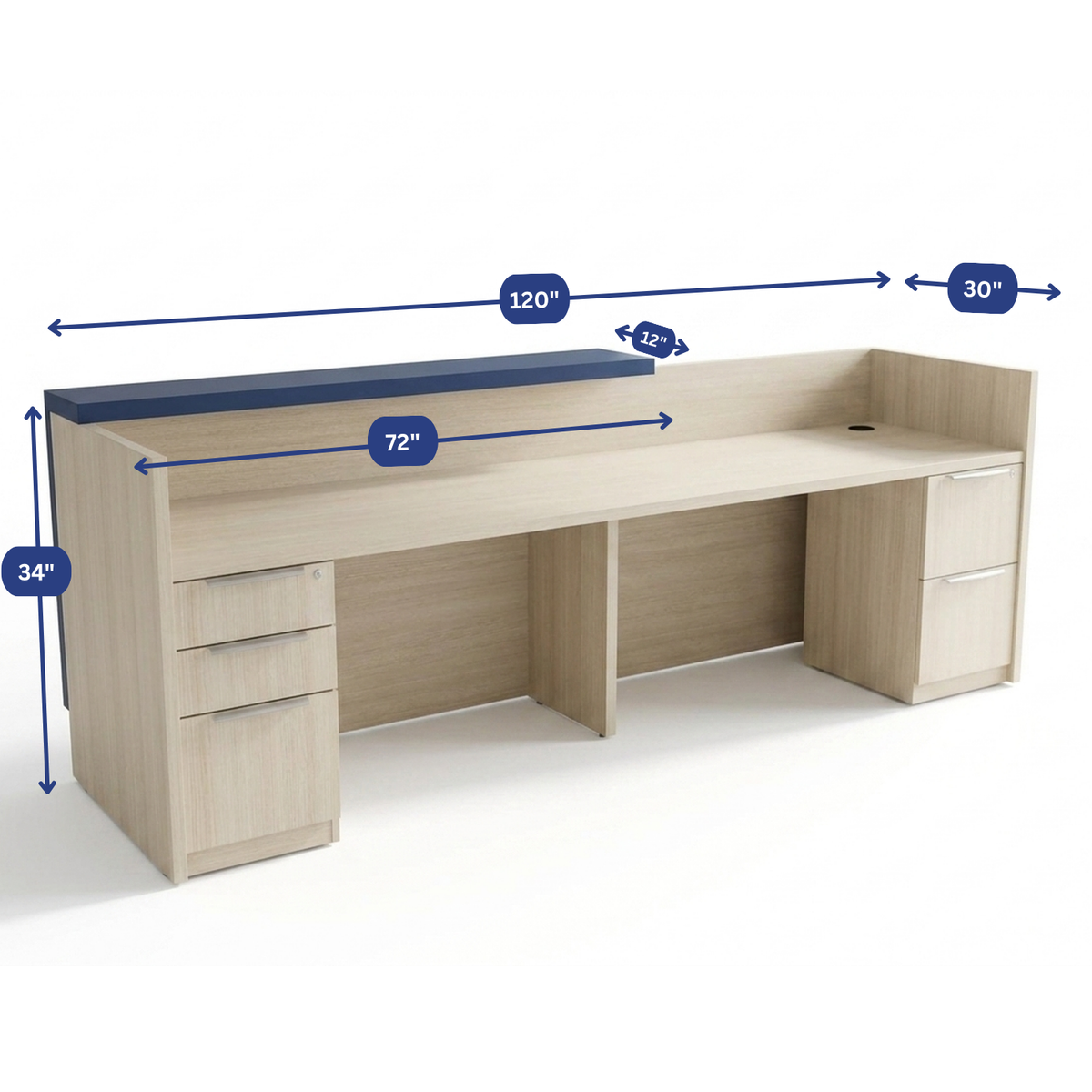 Overture Reception Desk with Lockable Drawers dimension diagram, 120 inches wide