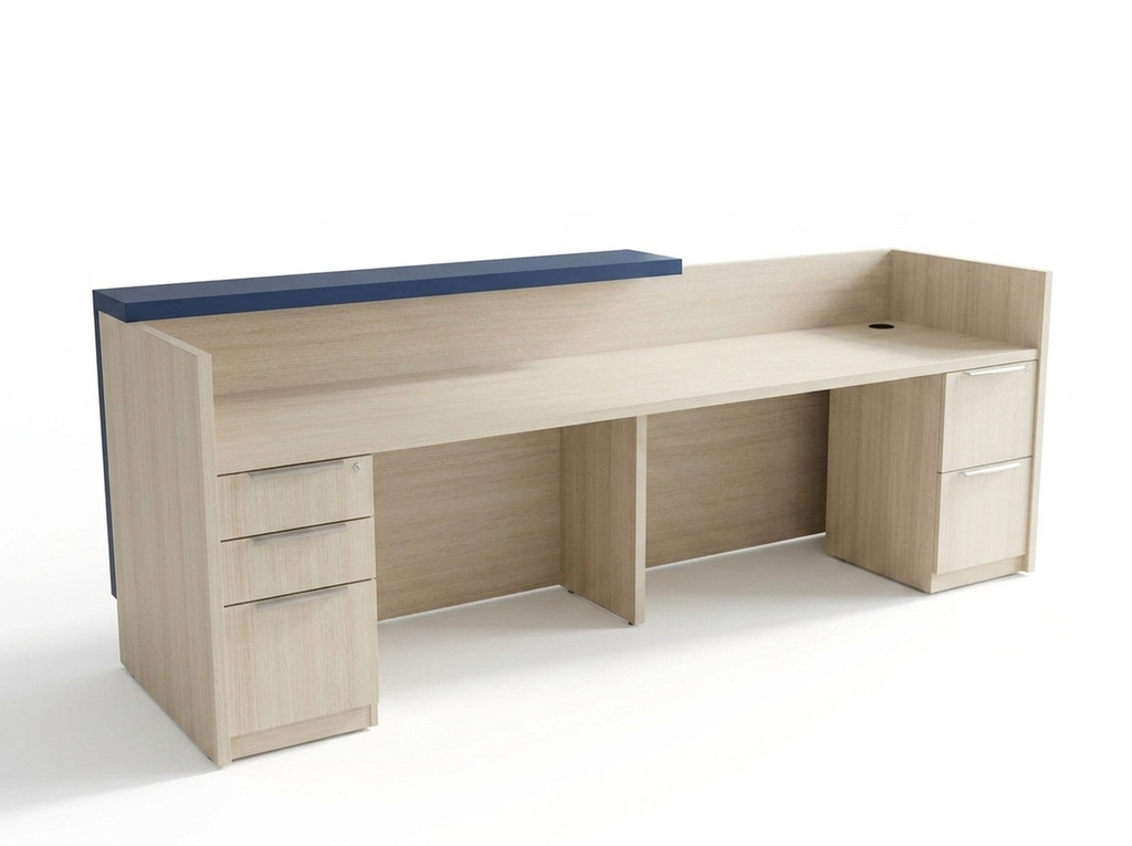 Overture reception desk with lockable drawers on white, navy transaction ledge across the front