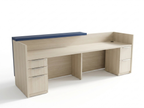Overture reception desk with lockable drawers on white, navy transaction ledge across the front