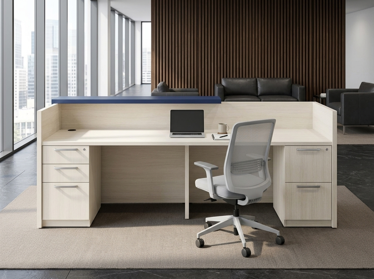 Reception desk with lockable drawers and navy ledge in a leather-seated law firm lobby