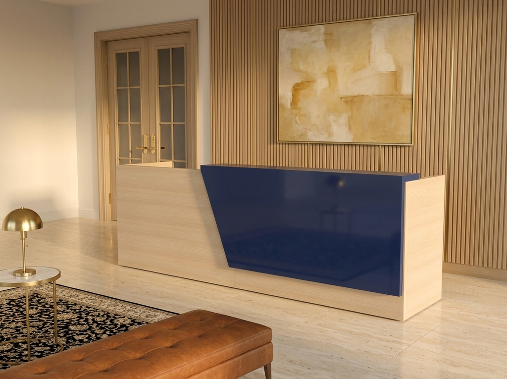 Light woodgrain reception desk with navy front panel in a wood-slatted law firm lobby
