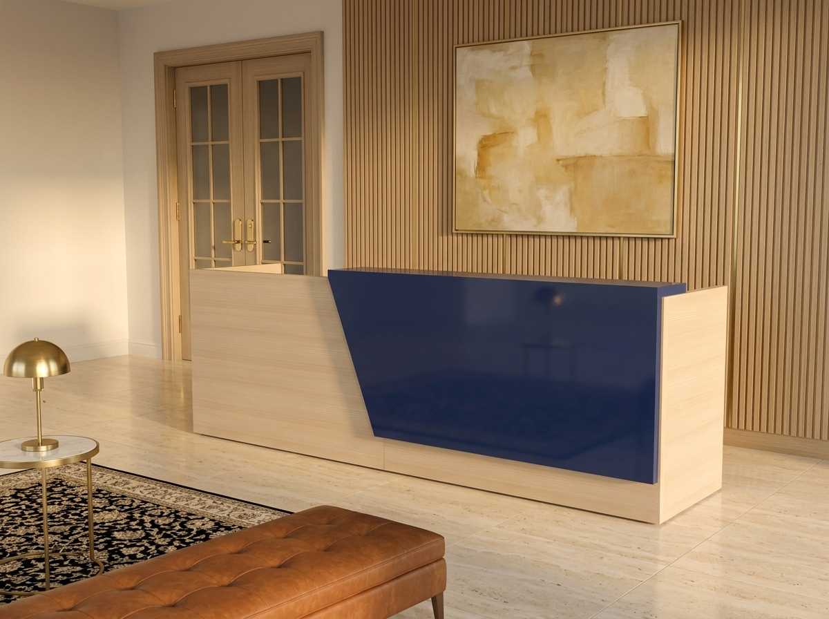 Light woodgrain reception desk with navy front panel in a wood-slatted law firm lobby