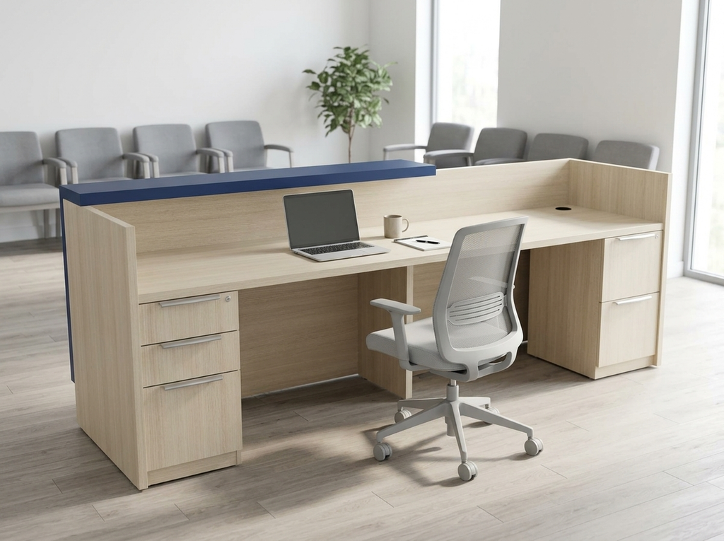 Light woodgrain reception desk with navy counter in a medical clinic waiting room