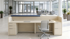 Reception desk with lockable drawers seen from the operator side, navy counter facing out