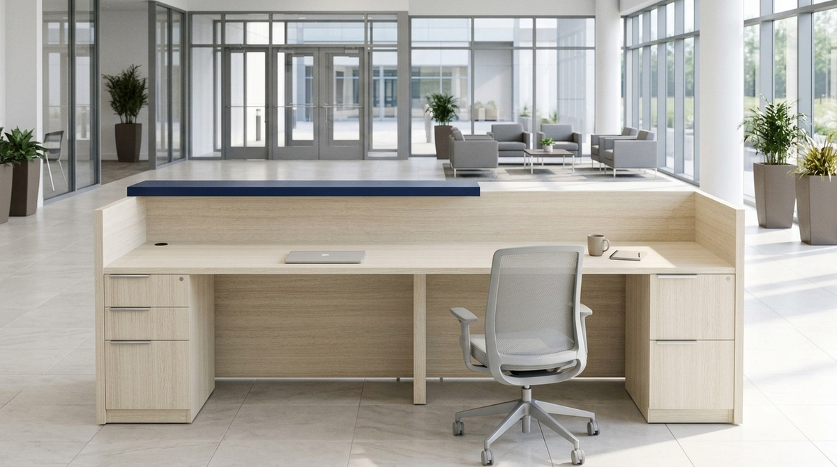 Reception desk with lockable drawers seen from the operator side, navy counter facing out