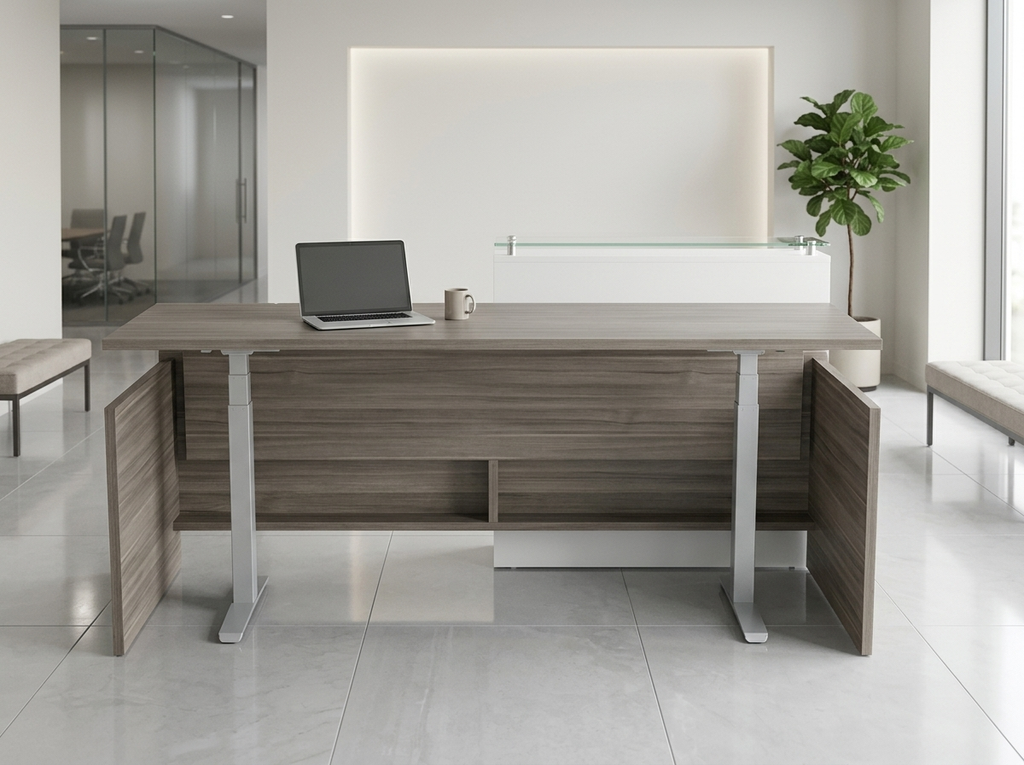 Overture reception desk with glass transaction counter in gray woodgrain and white