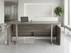 Overture reception desk with glass transaction counter in gray woodgrain and white