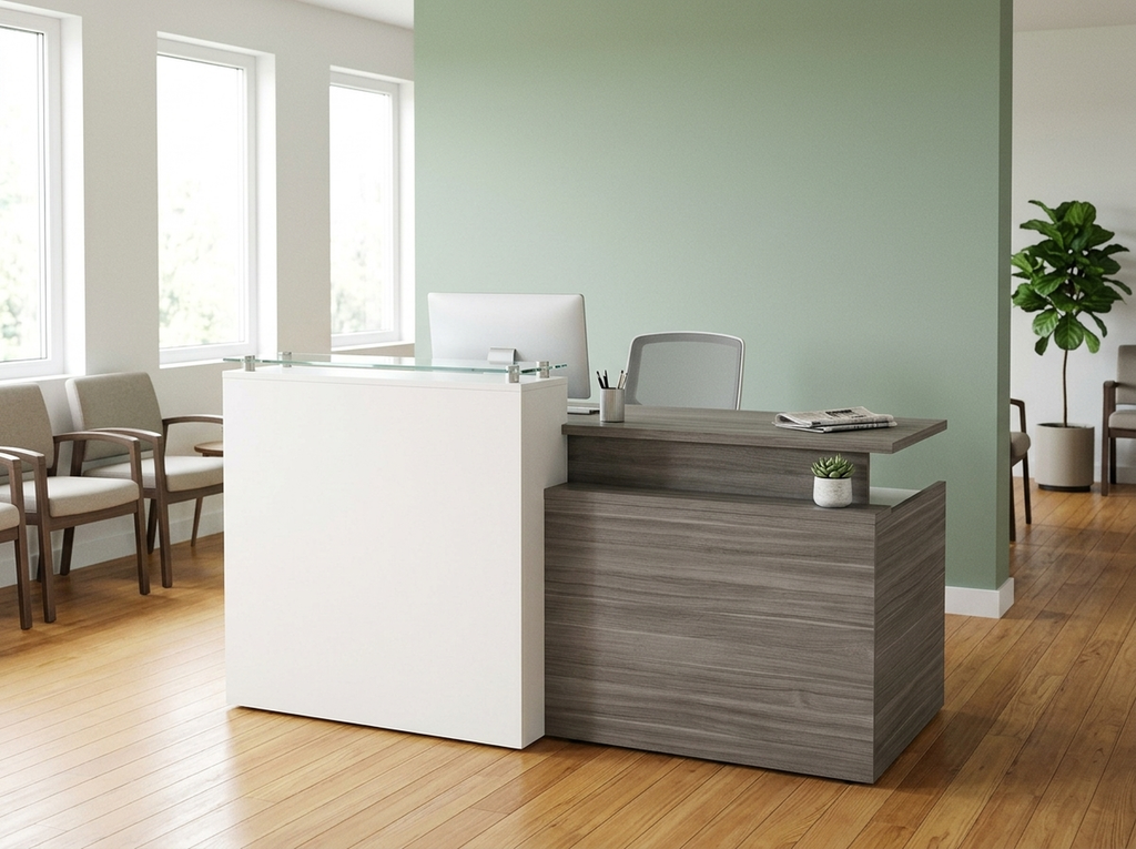Reception desk with glass transaction counter in a dental clinic with sage green walls