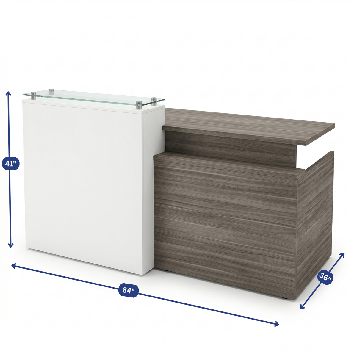 Overture Reception Desk with Glass Transaction Counter dimensions diagram