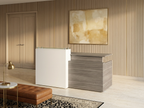 Reception desk with glass transaction counter against a wood-slat wall in a law office