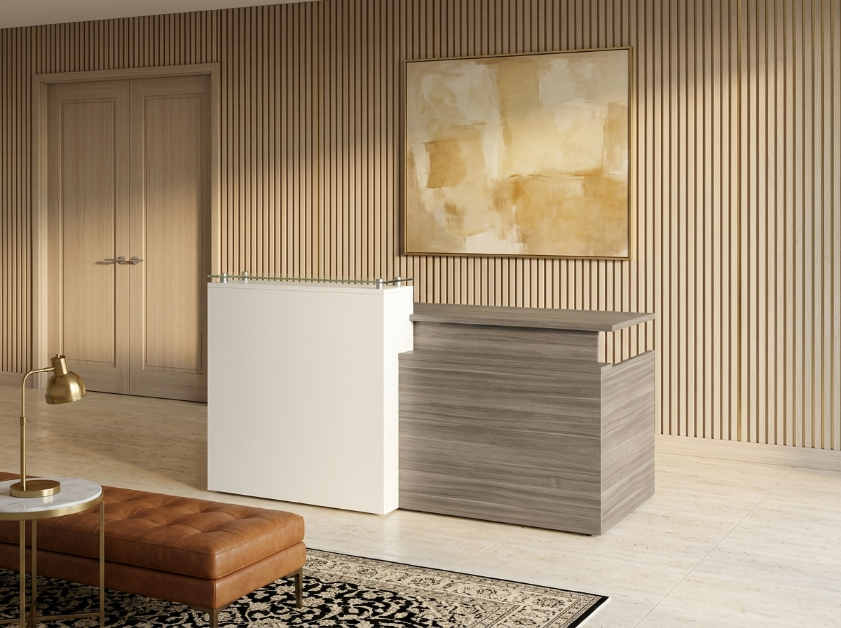 Reception desk with glass transaction counter against a wood-slat wall in a law office