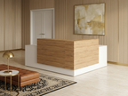 Overture reception desk with storage in white with a light wood transaction front