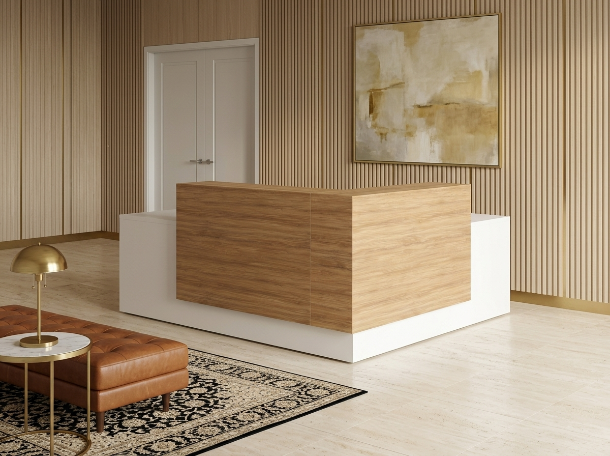 Overture reception desk with storage in white with a light wood transaction front