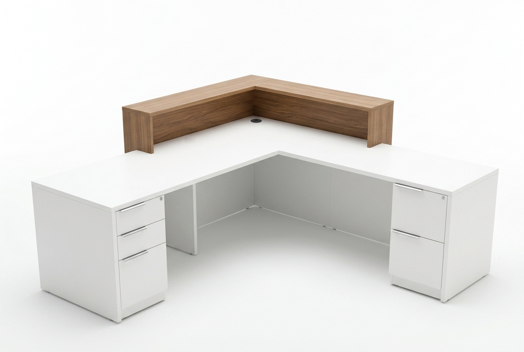Reception desk with storage on white, wood ledge above two locking drawer pedestals