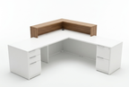 Reception desk with storage on white, wood ledge above two locking drawer pedestals