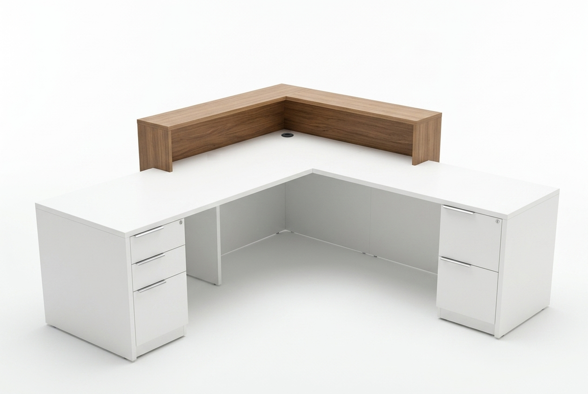 Reception desk with storage on white, wood ledge above two locking drawer pedestals