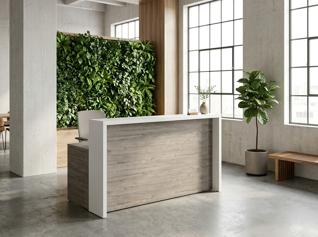 Straight reception desk with transaction counter in front of a living green wall