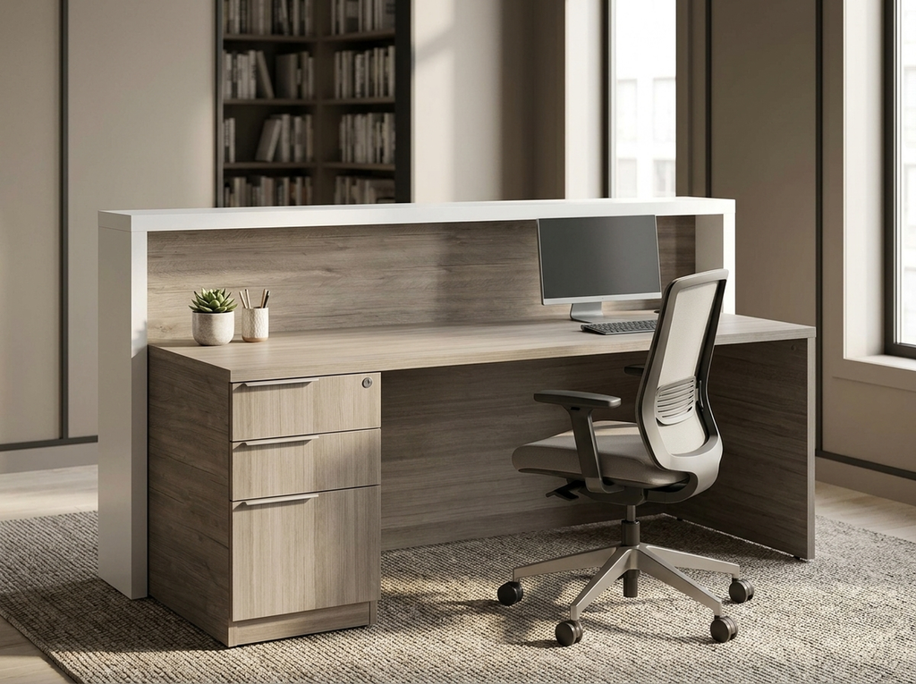 Gray reception desk with white transaction counter and operator monitor in a law office