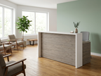 Overture straight reception desk with transaction counter in gray woodgrain and white
