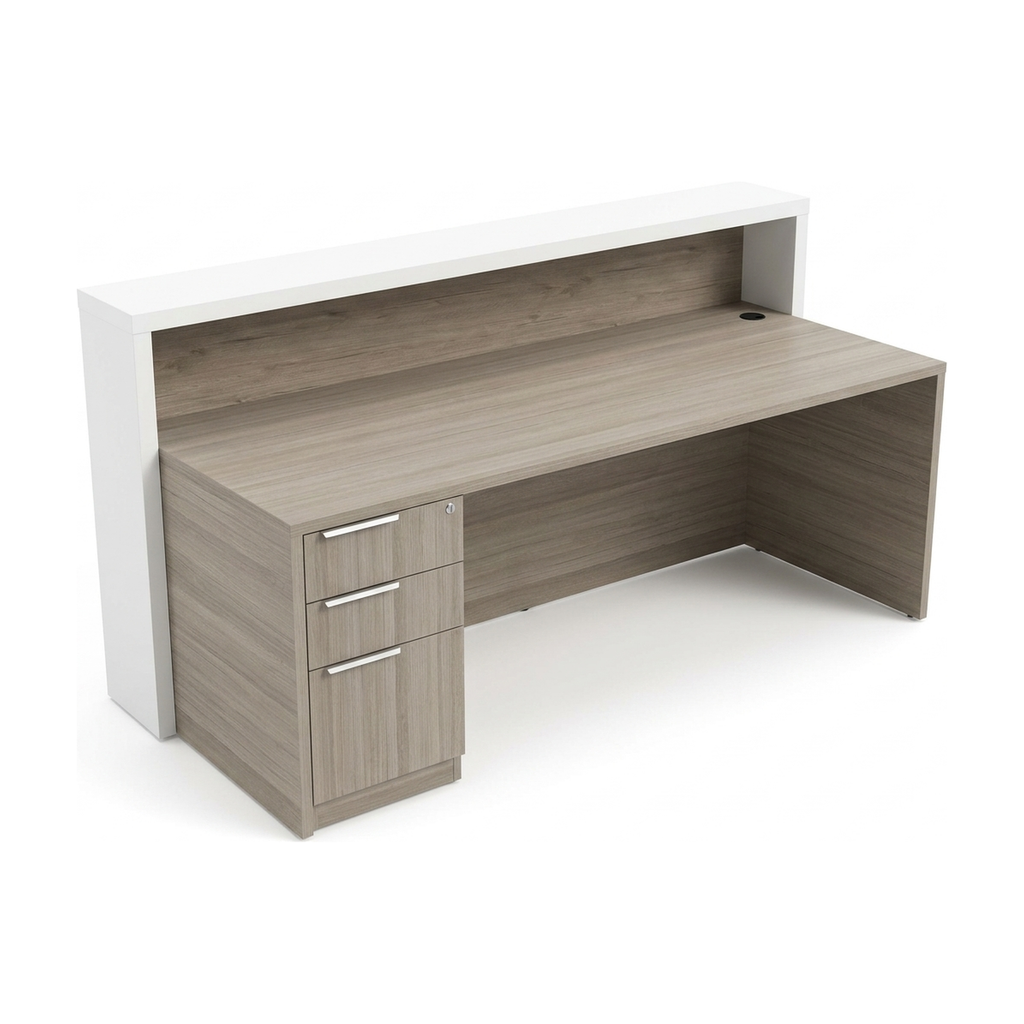 Overture straight reception desk with transaction counter on white, three-quarter operator view