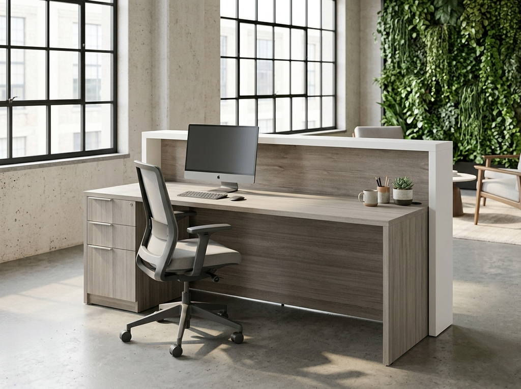 Operator side of the gray reception desk with drawer pedestal and green wall behind
