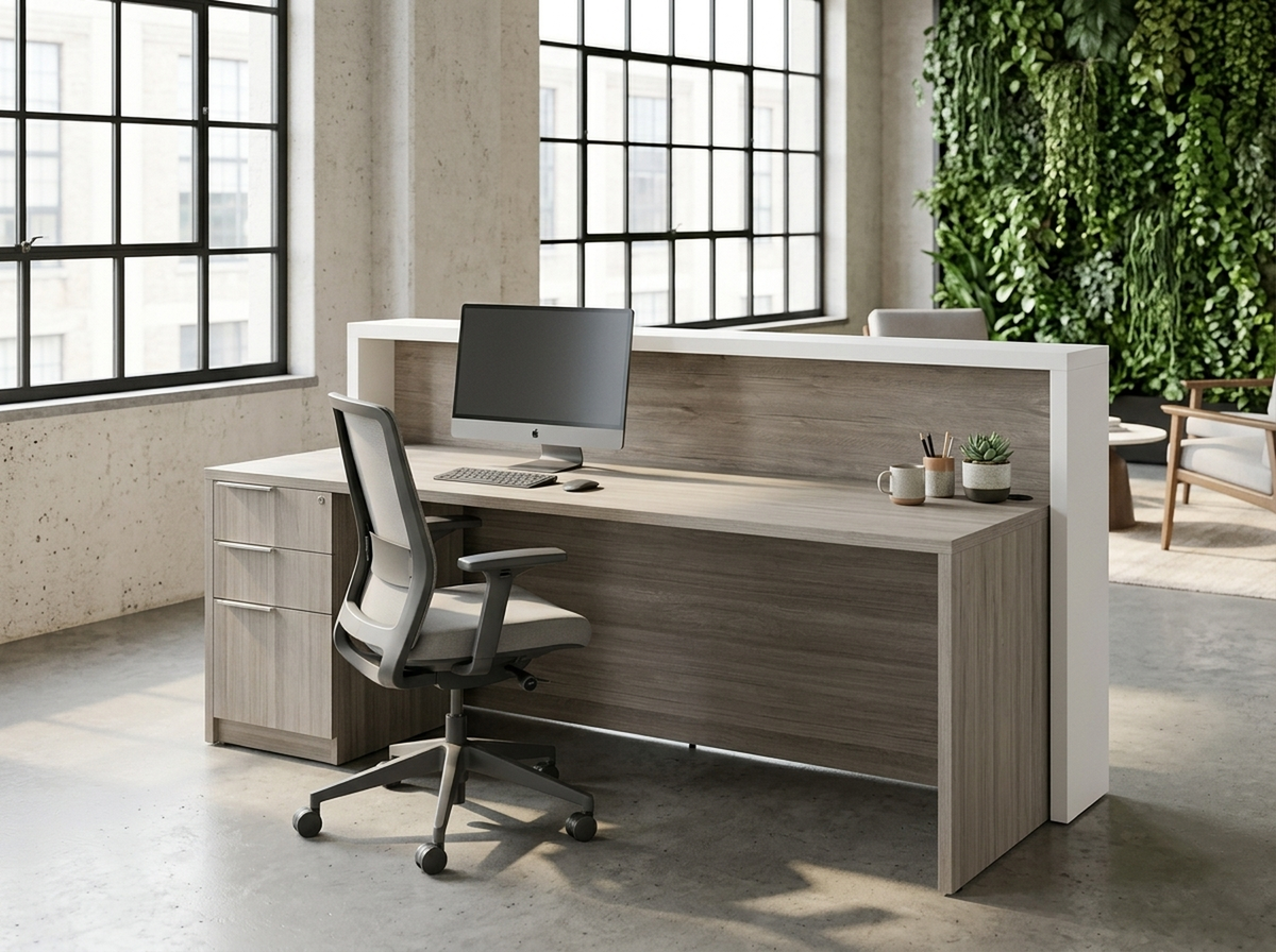 Operator side of the gray reception desk with drawer pedestal and green wall behind